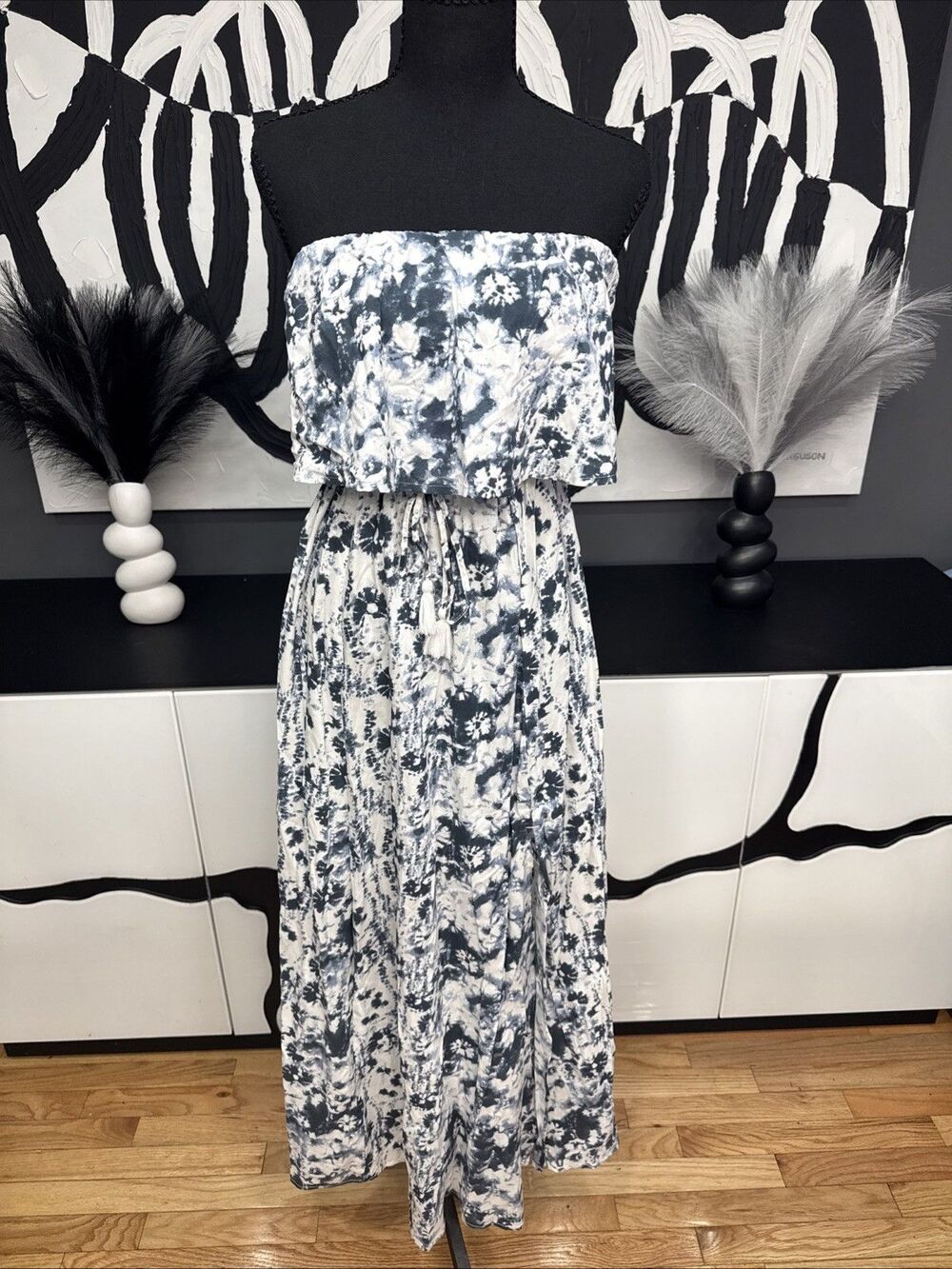Japna Tie Dye Strapless Maxi Dress Small Blue White Boho Beach Resort NWT